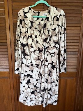 Calvin Klein Black Dress with Cream & Tan Leaf Print